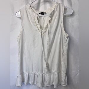 Saks Fifth Avenue White Sleeveless V-Neck Tassel Detail Top
